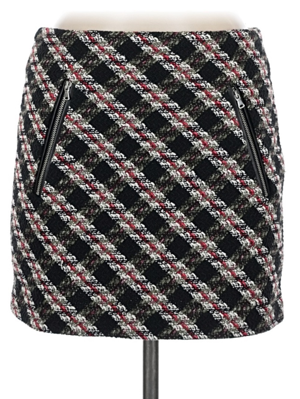 Zara NWT Tweed Plaid Mini Skirt Zip Pocket Black White Red Medium - Picture 2 of 5